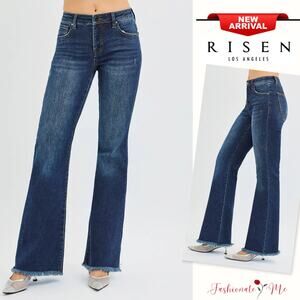 RISEN Tummy Control Mid Rise Waist Raw Hem Zip Fly Dark Washed Flare Denim Jeans